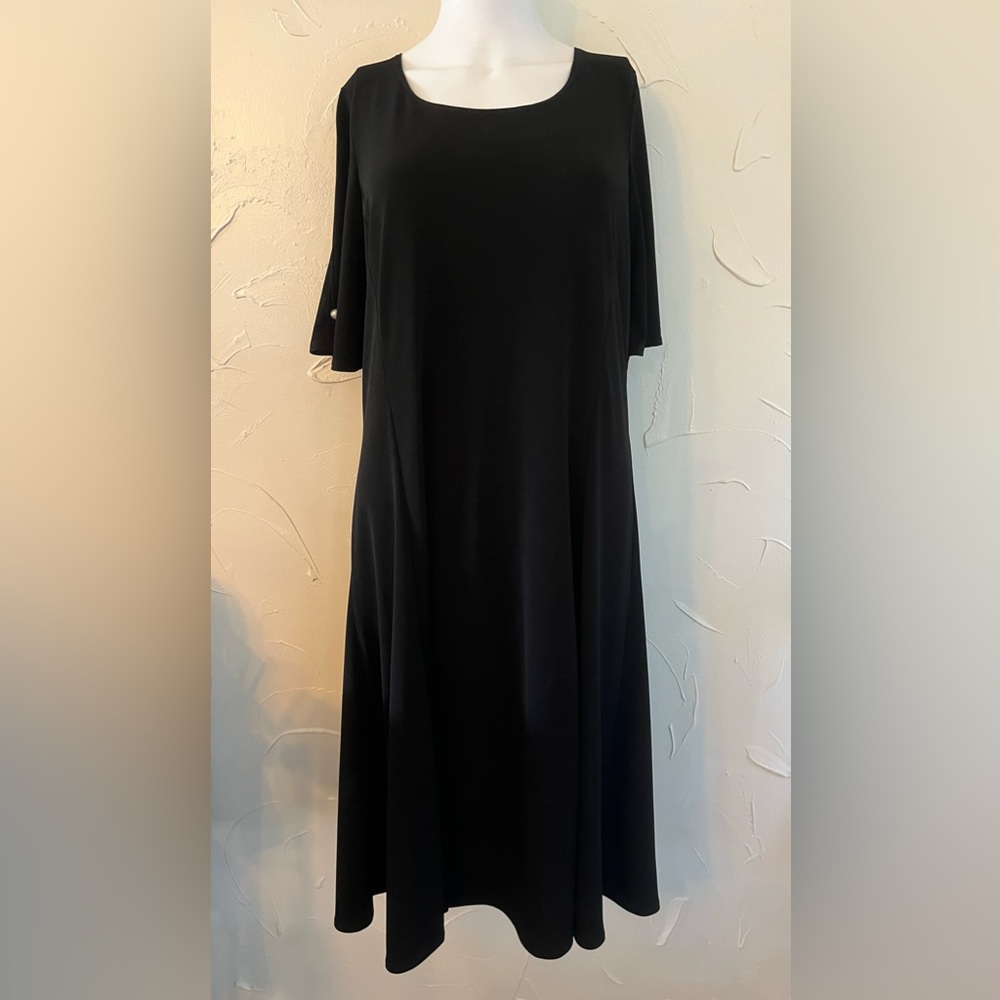 Susan Graver Every Day Liquid Knit A-Line Open Sleeve Black Dress SZ S